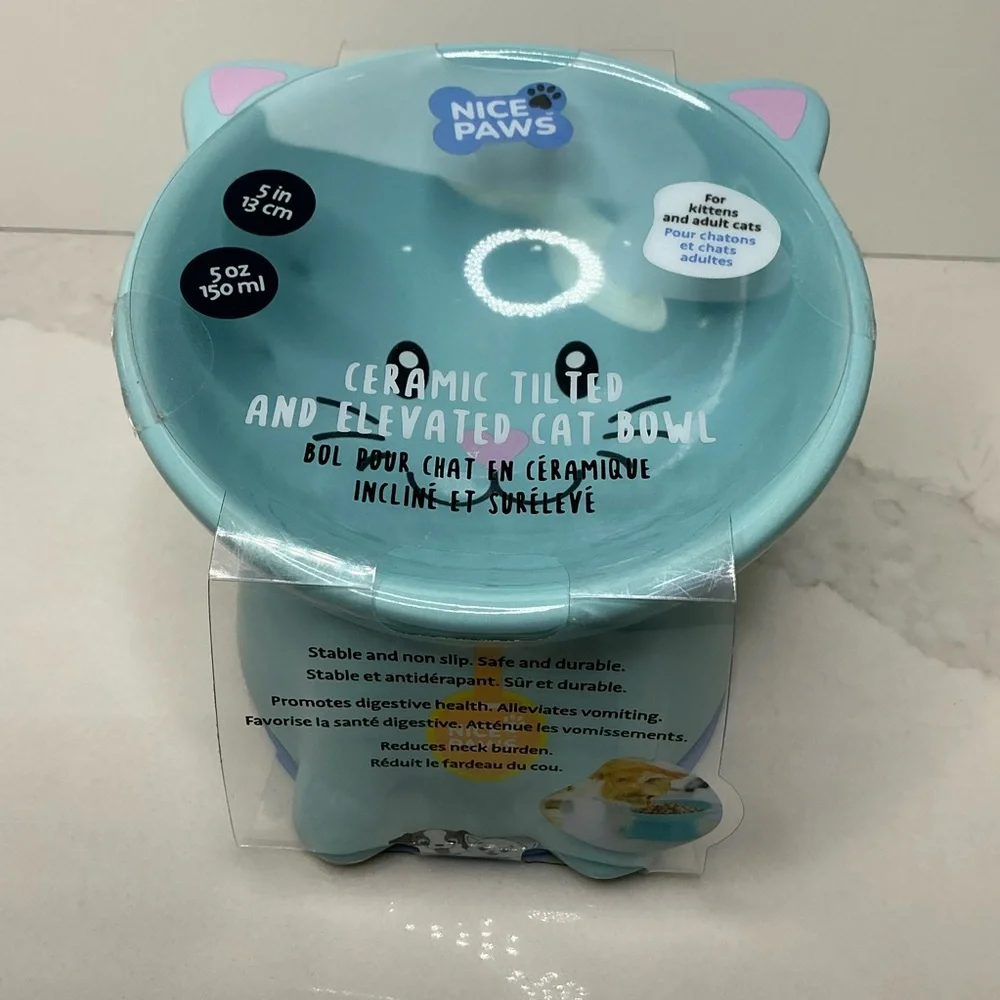 Teal Cat Ceramic Pet Bowl - Cute Heart Nose Design Elevated new